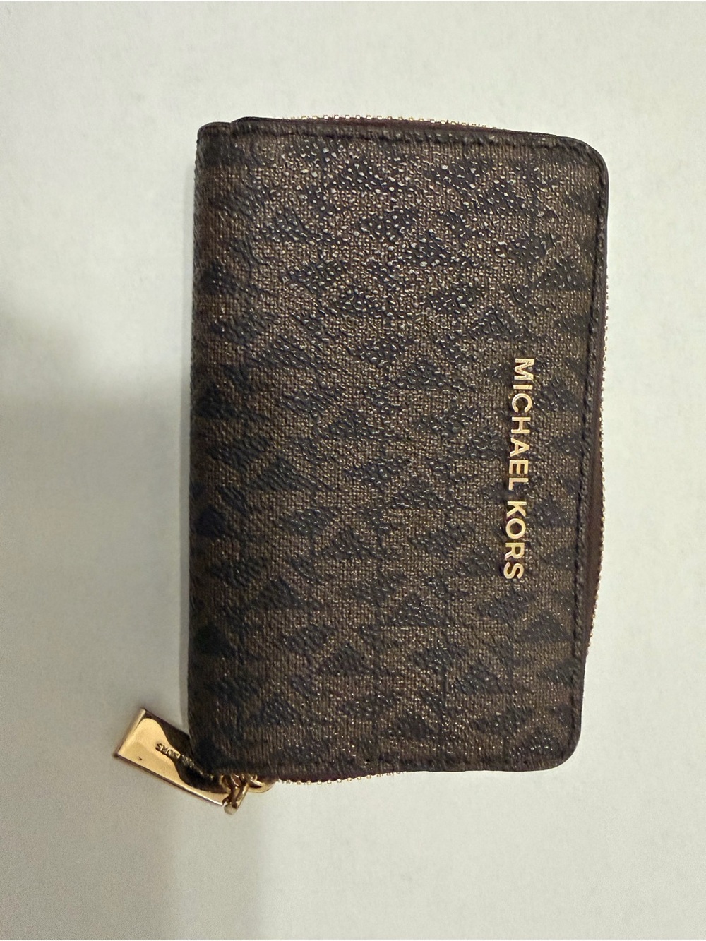 Michael Kors Brown Signature Zip Card Holder with Gold Accent